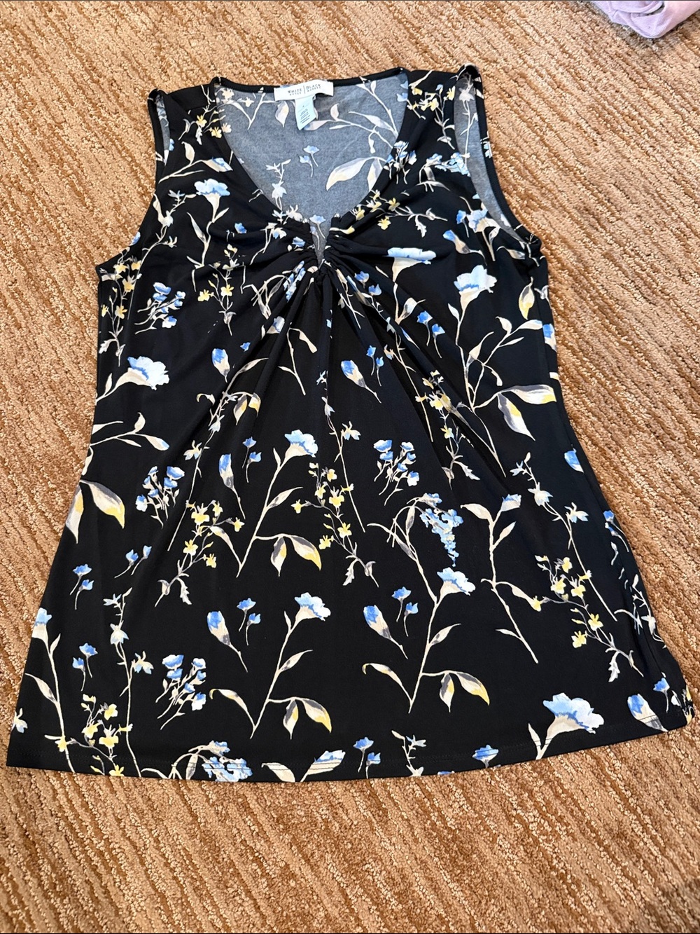 Black Floral Twist-Front Tank with Blue and Cream Accents